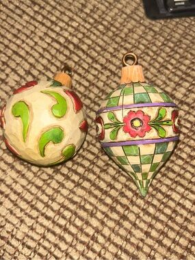 Jim Shore Green, Cream & Red Hand-Painted Floral Ornament Duo